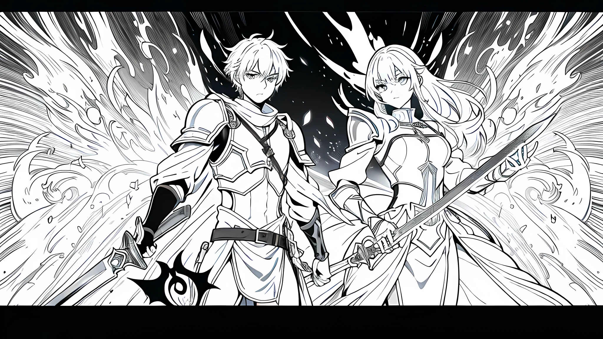 1 knight in isekai world, full armor, holding a sword on his right hand, nime fencer, key anime art, an edgy teen assassin, demon slayer art, demonic aura, magical aura, magical power, magical portal, fire swirling around his body, the background is in fantasy isekai world, monochrome (clear line, lineart)