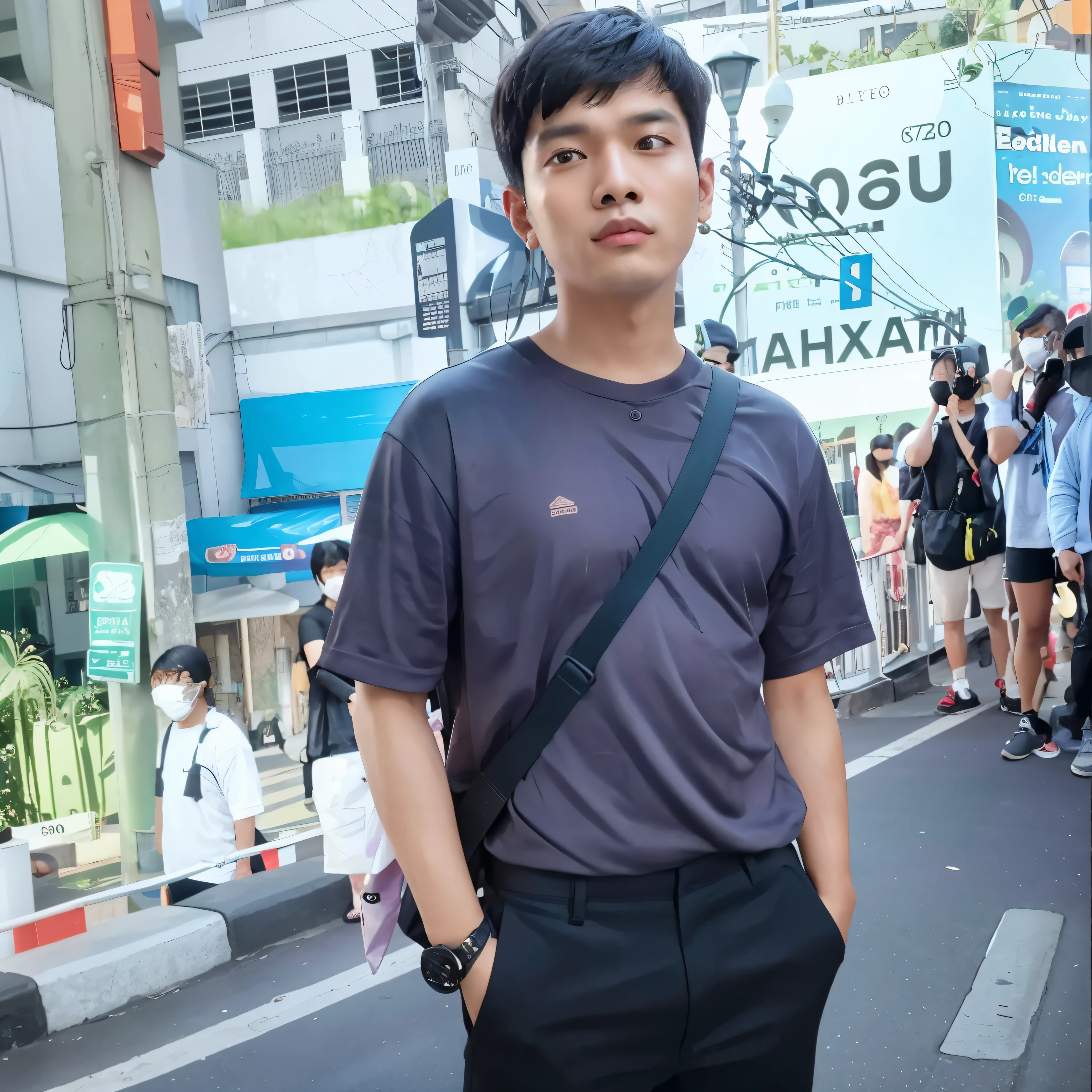 there is a man standing on the street with a bag on his shoulder, thawan duchanee, profile picture 1024px, in style of thawan duchanee, profile pic, around 2 5 years old, photo taken in 2 0 2 0, nivanh chanthara, with short hair, in city street, standing in a city center