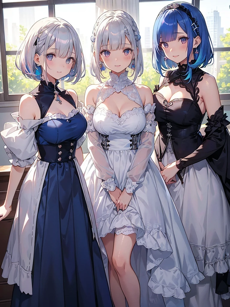 three girls, looking at the viewer, indoors, jewelry, bangs, dress, earrings, Nice details, shining eyes, nice background,
masterpiece, highest quality, super detailed, 
Re Zero (Rem(short hair,blue hair),rum(pink hair, short hair),emilia(silver hair, long hair)),dynamic pose, large breasts, hapoy smile, 