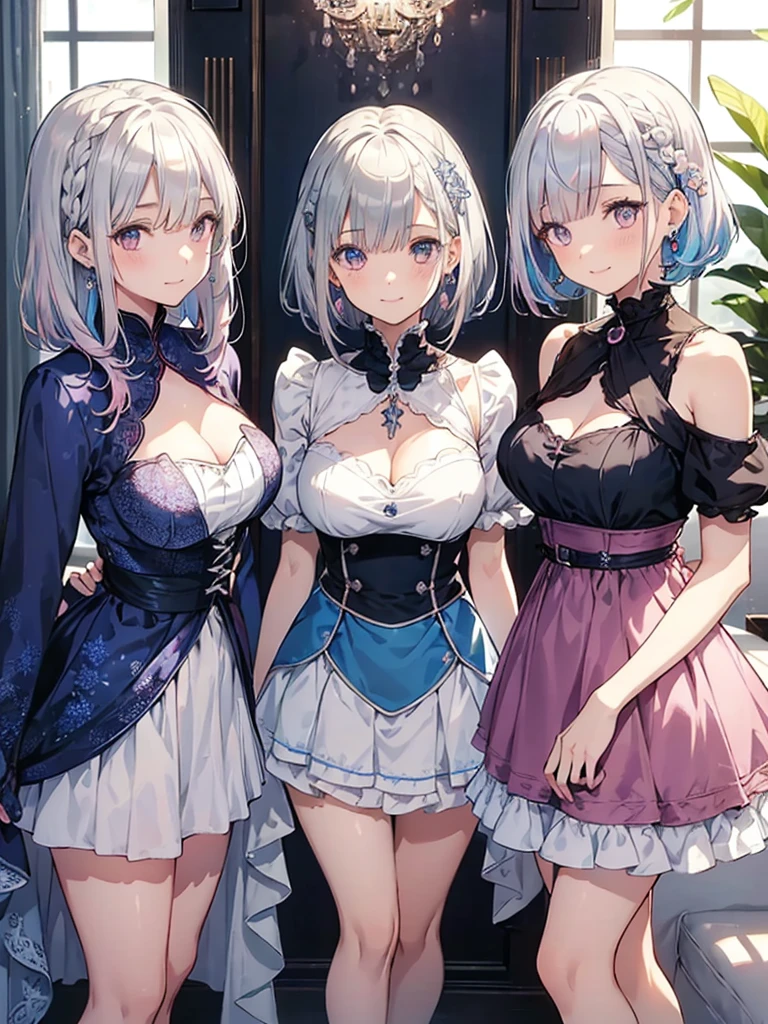 three girls, looking at the viewer, indoors, jewelry, bangs, dress, earrings, Nice details, shining eyes, nice background,
masterpiece, highest quality, super detailed, 
Re Zero (Rem(short hair,blue hair),rum(pink hair, short hair),emilia(silver hair, long hair)),dynamic pose, large breasts, hapoy smile, 