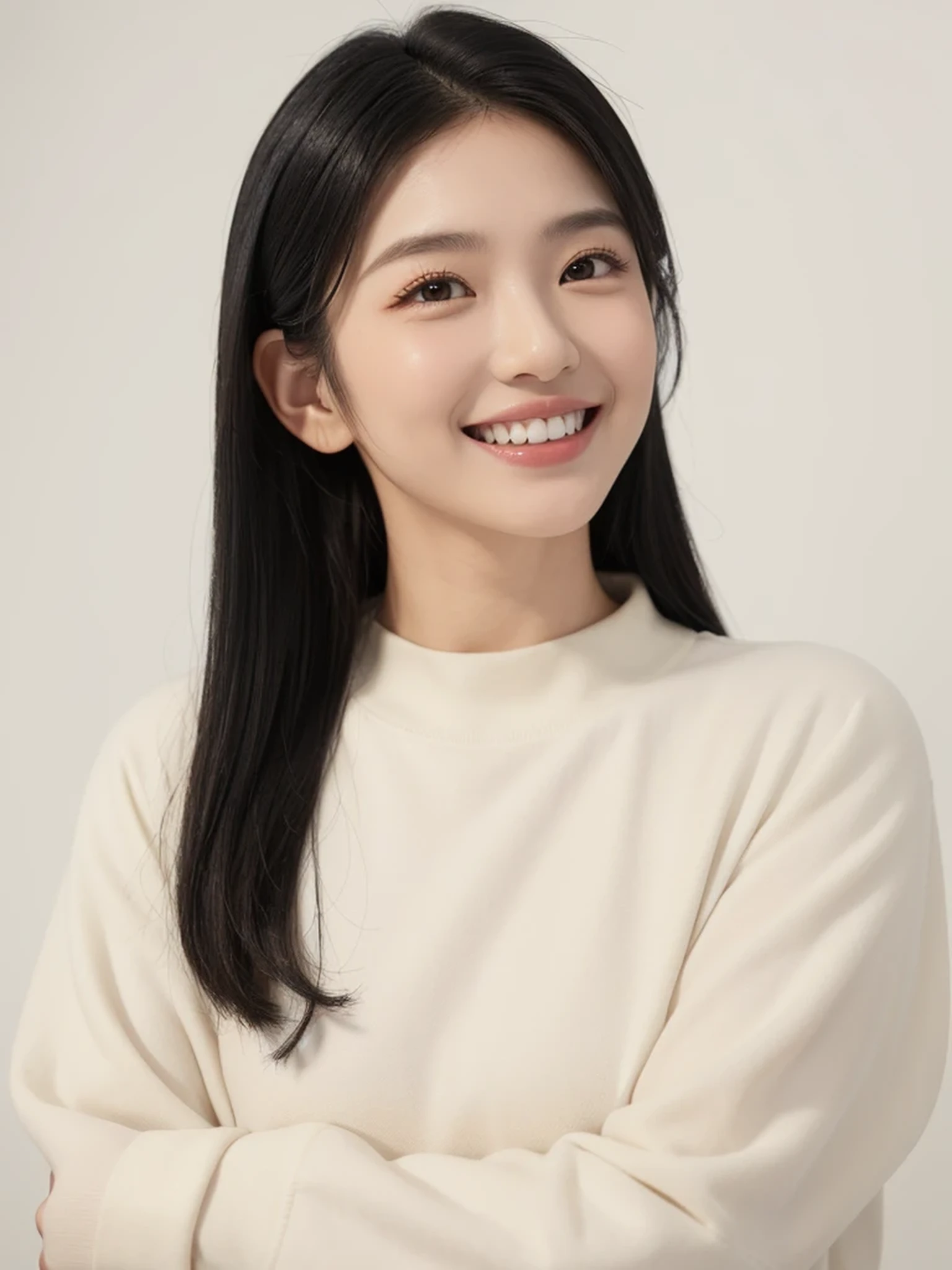 masterpiece、highest quality、(long shot)、((white wall))、((simple background))、1 girl、(Upper body)、(black eye)、(long eyelashes)、diagonal angle、[[profile]]、smile、white teeth、((Beautiful dentition))、medium hair、(black hair)、Snazzy、long sleeve、(beige clothes)、