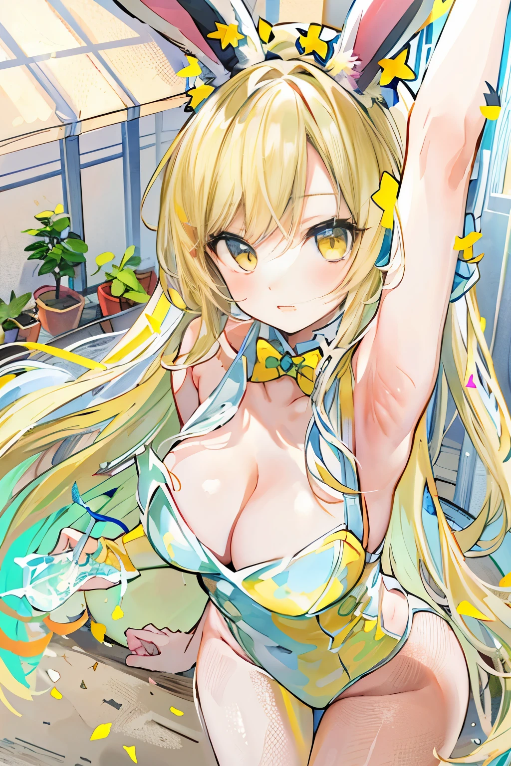 ice, 1 girl, alone, blonde hair, long hair, straight hair, yellow eyes, Sunny, Are standing, bunny costume, playboy bunny, Sexy armpits