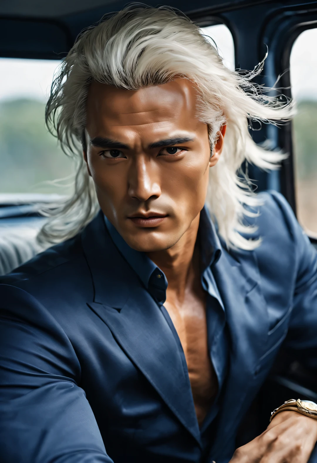(male character design), Half body photo, Staring at the camera,
(Chinese handsome man Lanling Wang Gao Changgong is driving), (Messy long white hair: 1.2), Have muscles and abdominal muscles, Wearing navy blue business attire, Fair and delicate skin, looks like a virgin, Lips as red as vermilion, high nose bridge, deep eyes, But there is an extraordinary heroic spirit between his eyebrows. He has a slender figure, Has beautiful muscle lines, like a perfect sculpture. His fingers are long and strong (Half of his face is covered with an ornate blue and gold mask), His character is brave and beautiful, like a woman, Be brave and decisive. There is an indescribable tenderness and warmth in my heart (Inspired by actor Marlon Brando, Who is 20 years old?), Surrealism, background: Driving Mercedes G SUV in HD, high quality, HD analysis, 32k,