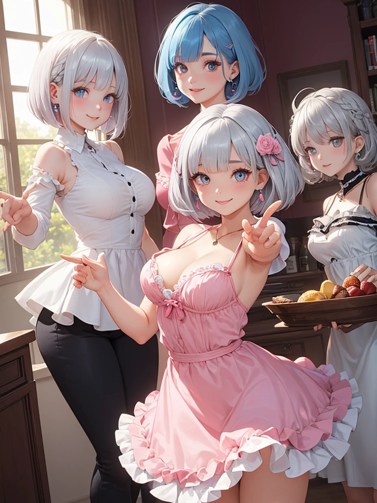 three girls, looking at the viewer, indoors, jewelry, bangs, dress, earrings, Nice details, shining eyes, nice background,
masterpiece, highest quality, super detailed, 
Re Zero (Rem(short hair,blue hair),rum(pink hair, short hair),emilia(silver hair, long hair)),dynamic pose, large breasts, hapoy smile, 