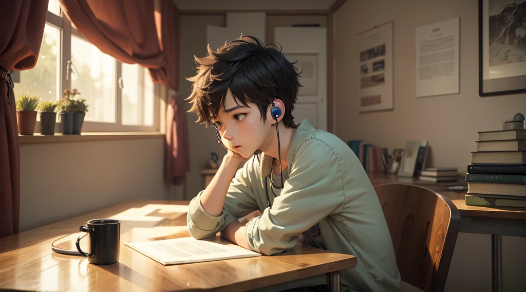 Lofi art, Anime boy studying in his room, raining outside, studing table, books on table, laptop, earphone in boys ears,