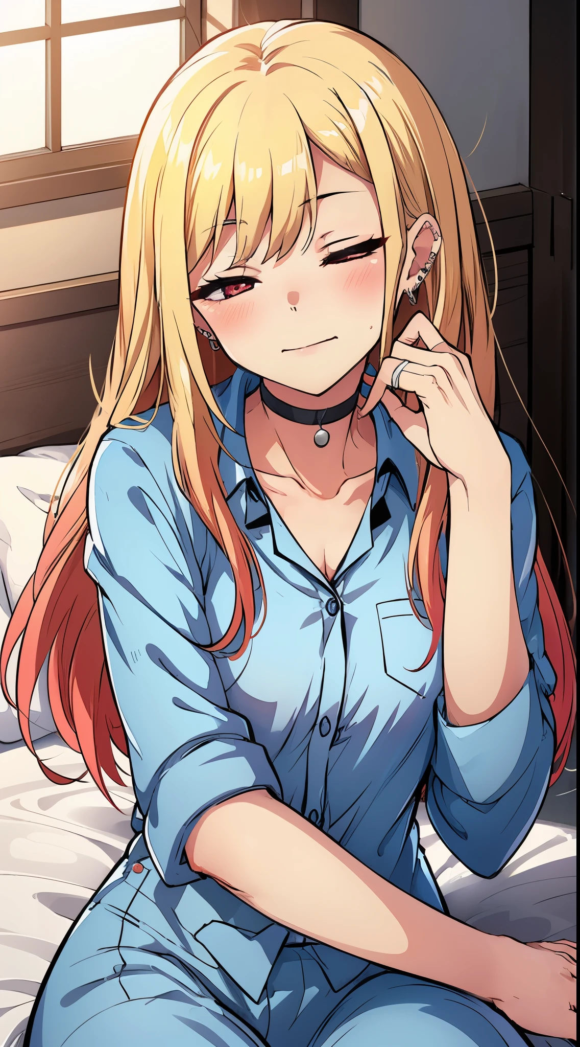 masterpiece, detailed, kitagawa marin, 1girl, blonde hair, long hair, multicolored hair, red eyes, jewelry, earrings, piercing, black choker, (laying on a bed, no clothes on, wearing pajamas), (sleep:1.25), (closed eyes:1.15), warm sunlight from windows