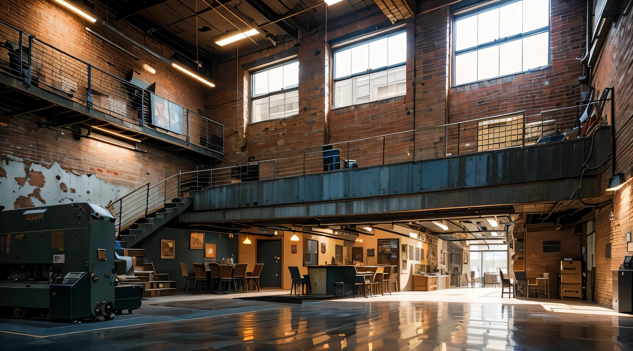 (Candid Shot, High Resolution), A moment of authenticity captured, One artist deeply engrossed in creating, Industrial chic music studio, Converted warehouse with soaring ceilings, Exposed brick walls and aged metal beams, Concrete floor underfoot, Leather armchair nearby, Metal accents adding industrial edge, Piano amidst the rustic charm, Fazioli grand piano, Keys shining in the dim light, Neutral tones dominating the scene, Pops of rust and steel blue adding character, Dramatic spotlighting with industrial pendant lights and LED strips highlighting the action, Urban warehouse district at dusk, Edgy and creative atmosphere, Industrial loft alive