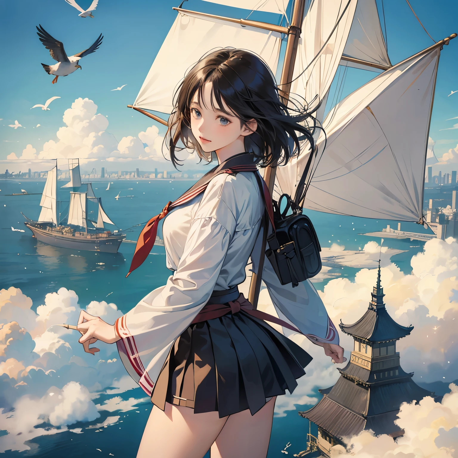 Eugène Grasset, Hinako Ashihara, Surreal, mysterious, strange, fantastical, fantasy, Sci-fi, Japanese anime, flying propeller sailing ship, over Tokyo, miniskirt beautiful girl captain, perfect voluminous body, detailed masterpiece bird’s eye view perspectives 