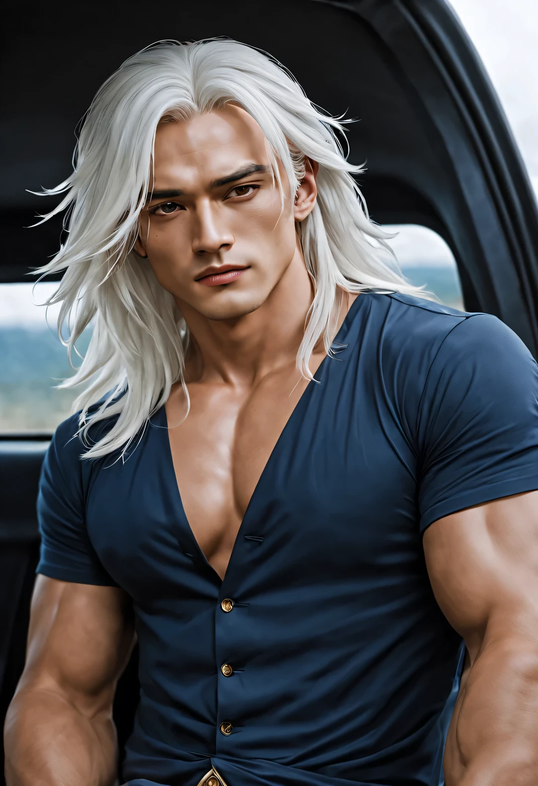 (male character design), Half body photo, Staring at the camera,
(Chinese handsome man Lanling Wang Gao Changgong is driving), (Messy long white hair: 1.2), Have muscles and abdominal muscles, Wearing navy blue business attire, Fair and delicate skin, looks like a virgin, Lips as red as vermilion, high nose bridge, deep eyes, But there is an extraordinary heroic spirit between his eyebrows. He has a slender figure, Has beautiful muscle lines, like a perfect sculpture. His fingers are long and strong (Half of his face is covered with an ornate blue and gold mask), His character is brave and beautiful, like a woman, Be brave and decisive. There is an indescribable tenderness and warmth in my heart (Inspired by actor Marlon Brando, Who is 20 years old?), Surrealism, background: Driving Mercedes G SUV in HD, high quality, HD analysis, 32k,
