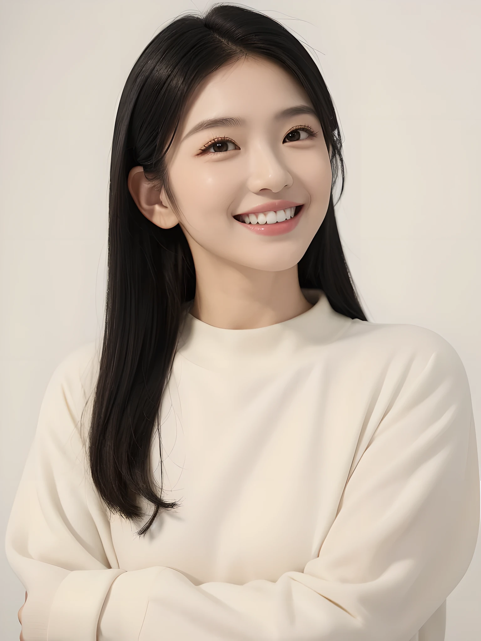 masterpiece、highest quality、(long shot)、((white wall))、((simple background))、1 girl、(Upper body)、(black eye)、(long eyelashes)、diagonal angle、[[profile]]、smile、white teeth、((Beautiful dentition))、medium hair、(black hair)、Snazzy、long sleeve、(beige clothes)、