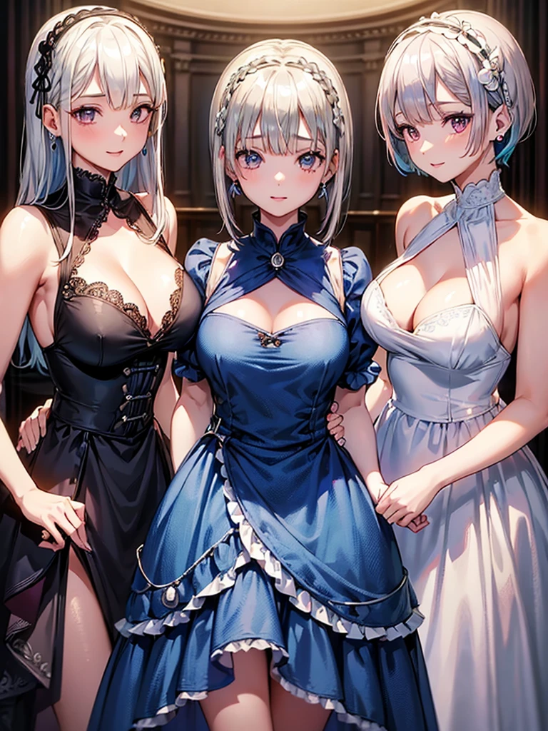 three girls, looking at the viewer, indoors, jewelry, bangs, dress, earrings, Nice details, shining eyes, nice background,
masterpiece, highest quality, super detailed, 
Re Zero (Rem(short hair,blue hair),rum(pink hair, short hair),emilia(silver hair, long hair)),dynamic pose, large breasts, hapoy smile, 