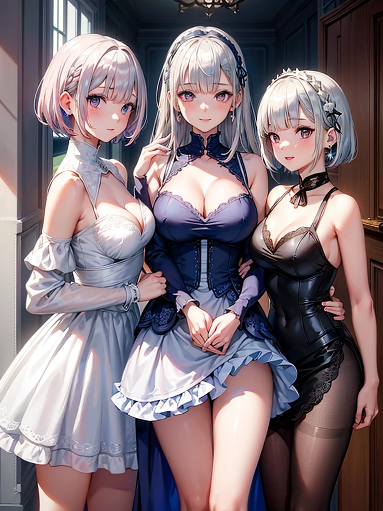 three girls, looking at the viewer, indoors, jewelry, bangs, dress, earrings, Nice details, shining eyes, nice background,
masterpiece, highest quality, super detailed,
Re Zero (Rem(short hair,blue hair),rum(pink hair, short hair),emilia(silver hair, long hair)),dynamic pose, large breasts, hapoy smile,