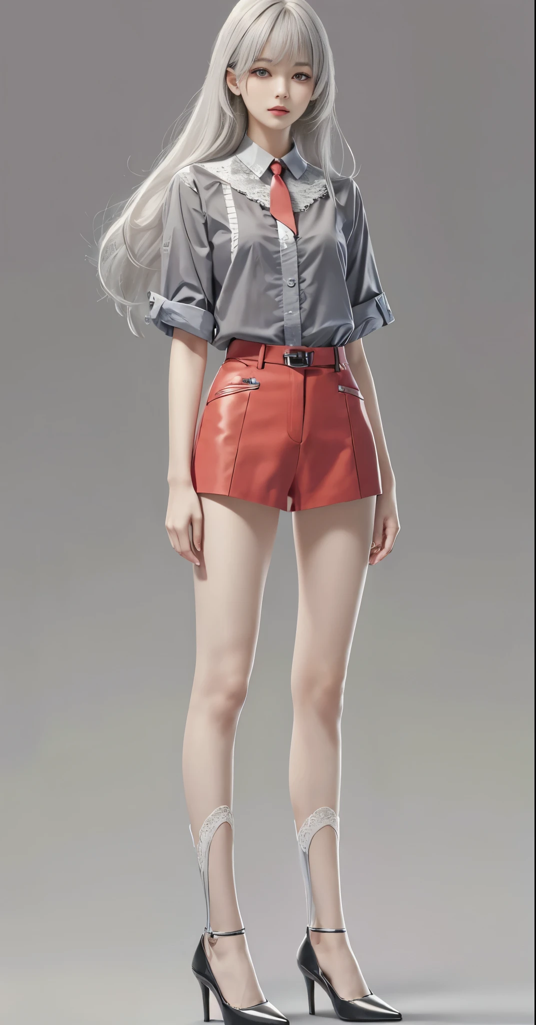 Original, (illustration: 1.1), (best quality), (masterpiece: 1.1), slender legs, high heels, gray hair, (beautiful clear background: 1.25), (very detailed CG Unity 8K wallpaper: 1.1), 1 girl, flat bangs, stunning innocent symmetrical face, shirt, emotion, urzan, (PureErosFace_V1:0.7)