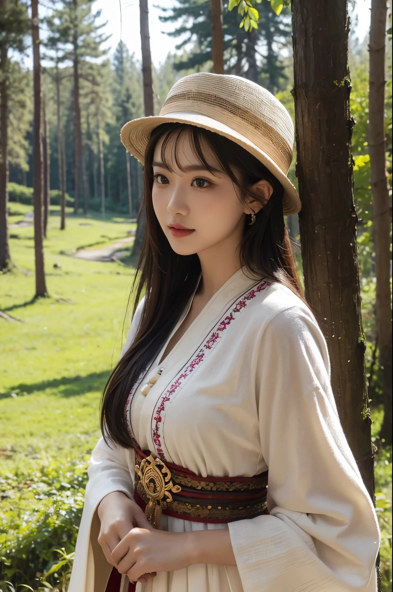 wearing a hat, forest in background, Ethnic style clothing