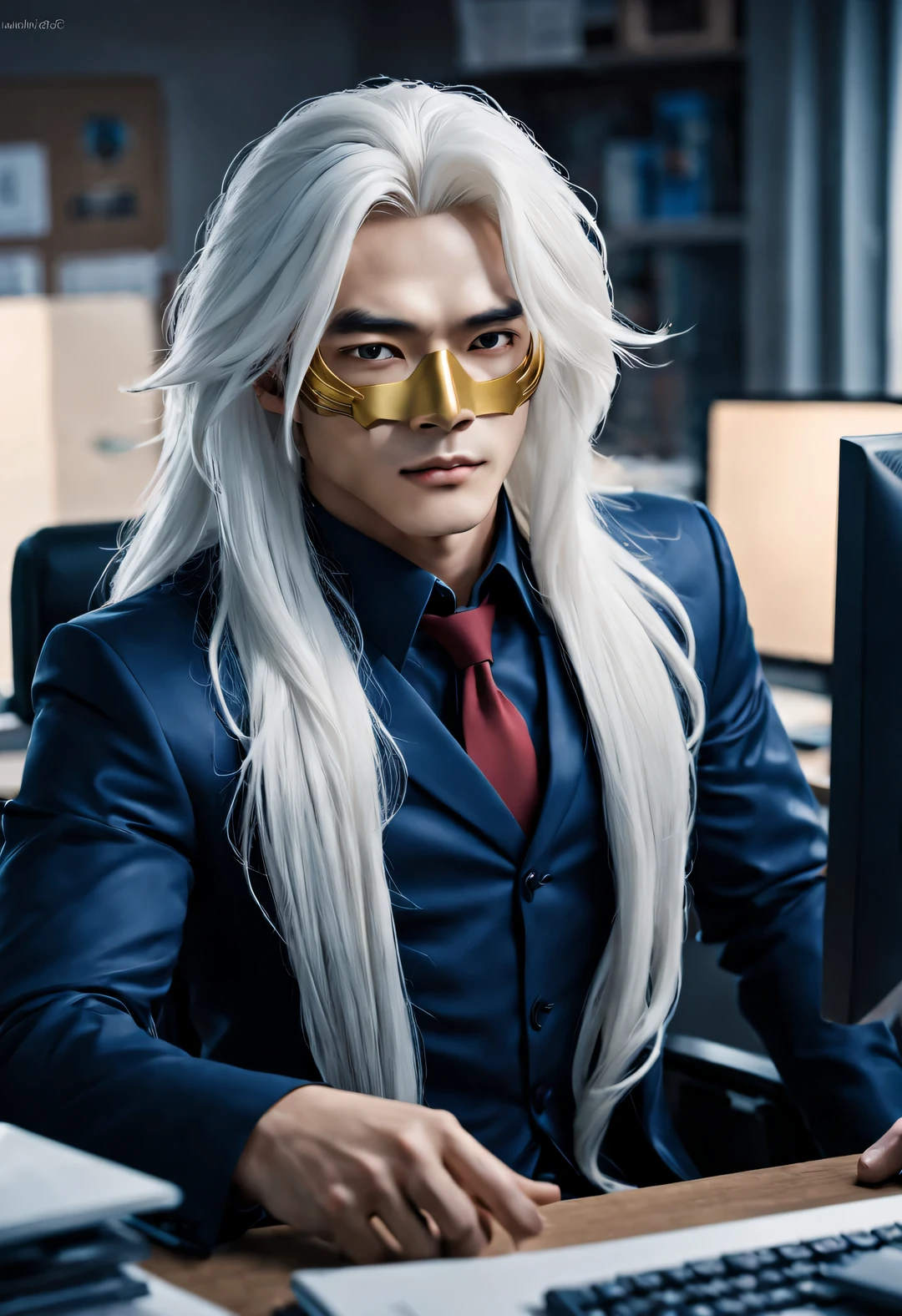 (male character design), Half body photo, Staring at the camera,
(Chinese handsome man Gao Changgong, Prince of Lanling, in front of the computer), (Messy long white hair: 1.2), Have a perfect figure, Wearing navy blue business attire, Fair and delicate skin, looks like a virgin, Lips as red as vermilion, high nose bridge, deep eyes, But there is an extraordinary heroic spirit between his eyebrows. He has a slender figure, Has beautiful muscle lines, like a perfect sculpture (Half of his face is covered with an ornate blue and gold mask), His character is brave and beautiful, like a woman, Be brave and decisive. There is an indescribable tenderness and warmth deep in his heart (Inspired by actor Marlon Brando, Who is 20 years old?), Surrealism, Located in a modern office environment HD, high quality, HD analysis, 32k,,