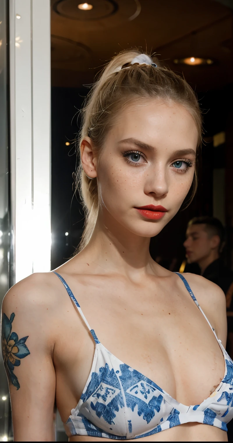 Beautiful skinny girl, elongated face and thin chin, freckles, blonde, blue eyes, red lipstick, beautiful makeup, white skin, with patterned top , shorts, in the night club , ponytail hair, shapely breasts, tattoos , dancing