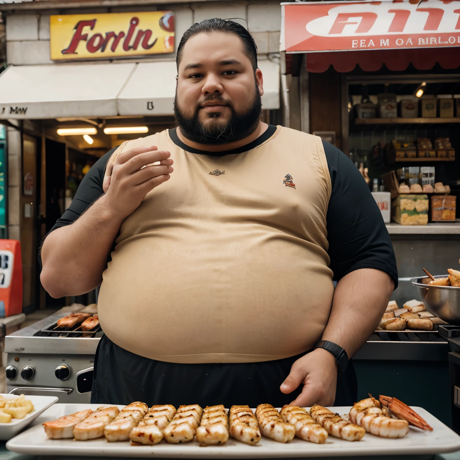 Fat man selling grilled fish Fat man selling grilled shrimp Fat man with beard