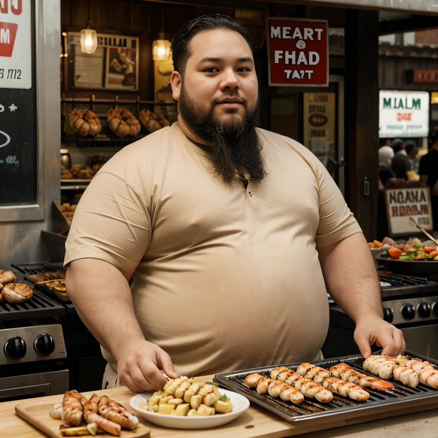 Fat man selling grilled fish Fat man selling grilled shrimp Fat man with beard