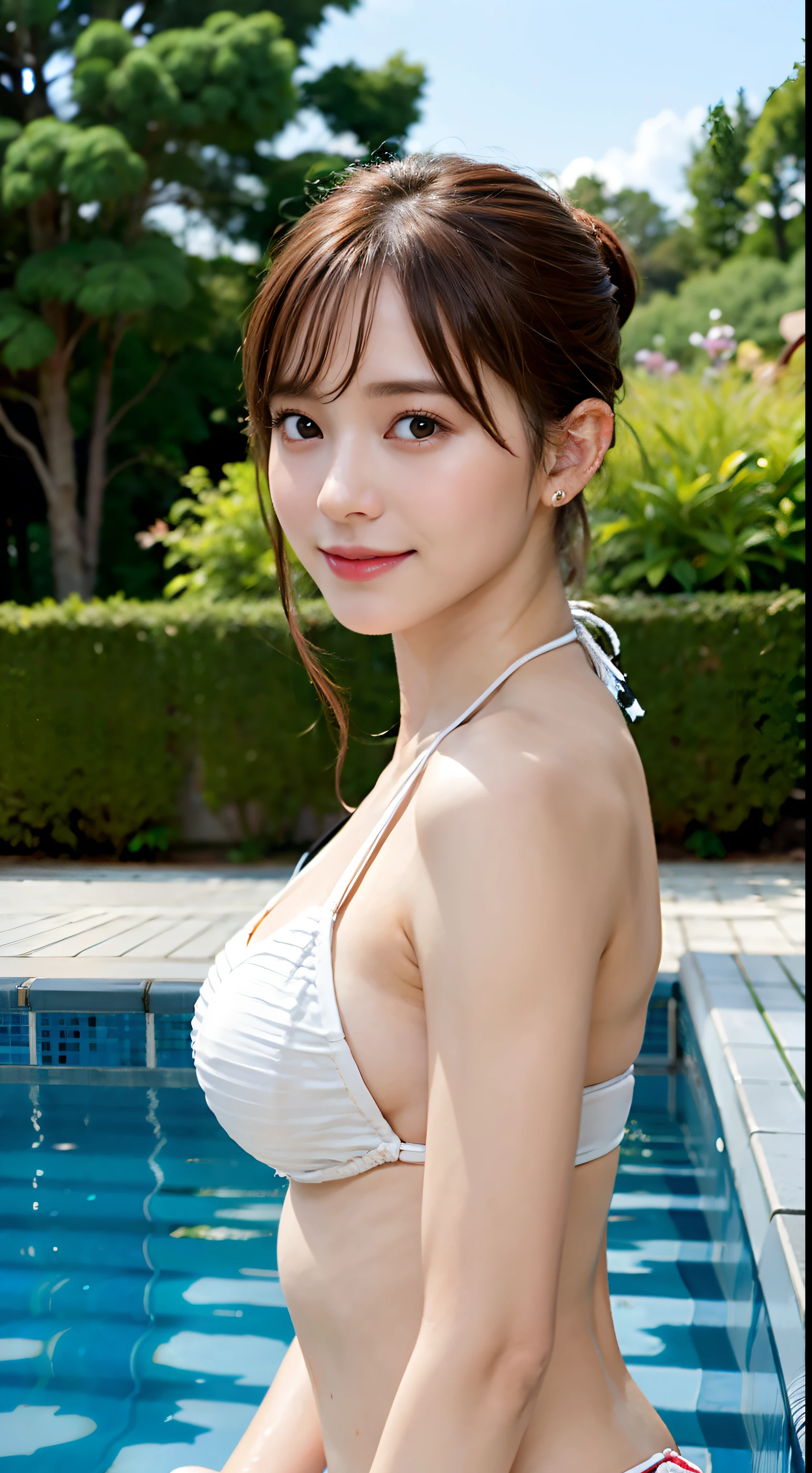 Best Quality, 超A high resolution, (Photorealistic:1.4), Raw photo, (Sit up、full body Esbian), (Bokeh:1.5), ((Being in the pool、Immersion in water)), (in a suite:1.6)1日本人の女の子, Beautiful, (Solo:1.6), (Shy smile), (Brown eyes), Smooth skin, (Brown ponytail,Bangs),(Colossal tits),Delicacy, (touch hair:1.4),(The bikini、NSFW、Wet、),