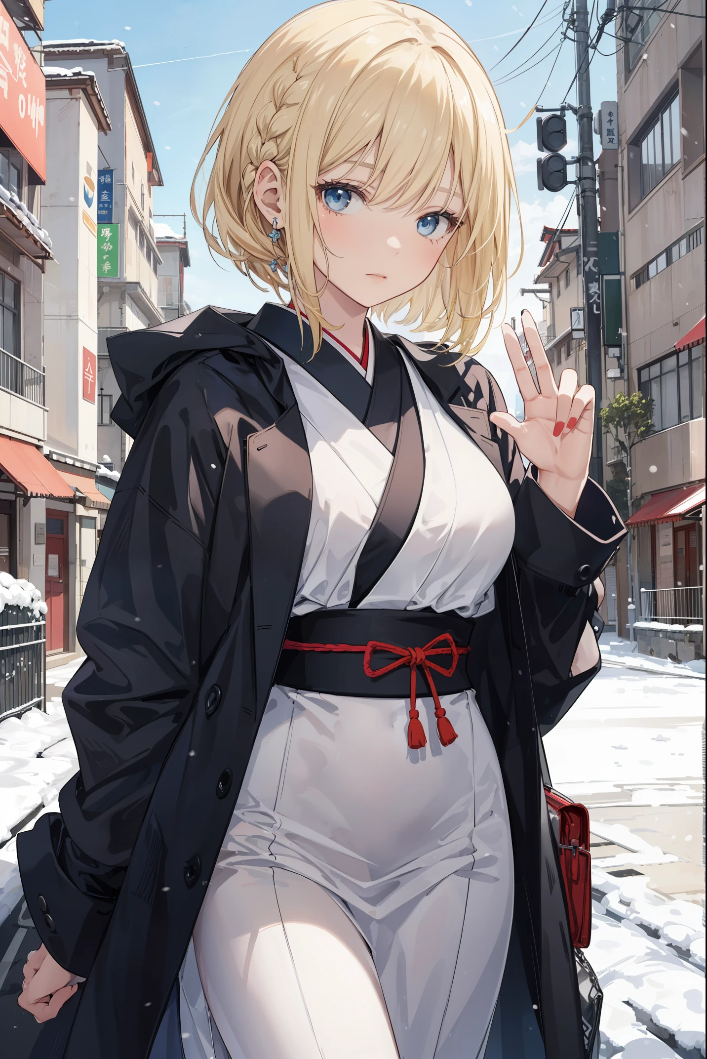 A high school girl in the style of Japanese anime illustration from 2020 with a detailed and realistic background that has depth and texture. The girl has blonde hair in a short one-length braided ponytail bob cut and wears a western long dress with a lot of frills, lace, and luxury. The theme is a formal schoolyard and the image is a portrait with contrast. The language in the image is Japanese and the romanization is English. The girl's eyes are realistic, complex, and detailed, and her skin texture is very fine. The girl's posing is instructed by a world-famous master and the image has a sense of dynamism. The girl's figure is a cowboy shot. The image size is 1024 x 1536 pixels. The girl is waiting for her boyfriend in the schoolyard. The girl wears a coat and the background has a winter scenery, night, and white snow. The girl is a daughter of a noble family and has a lively gesture.