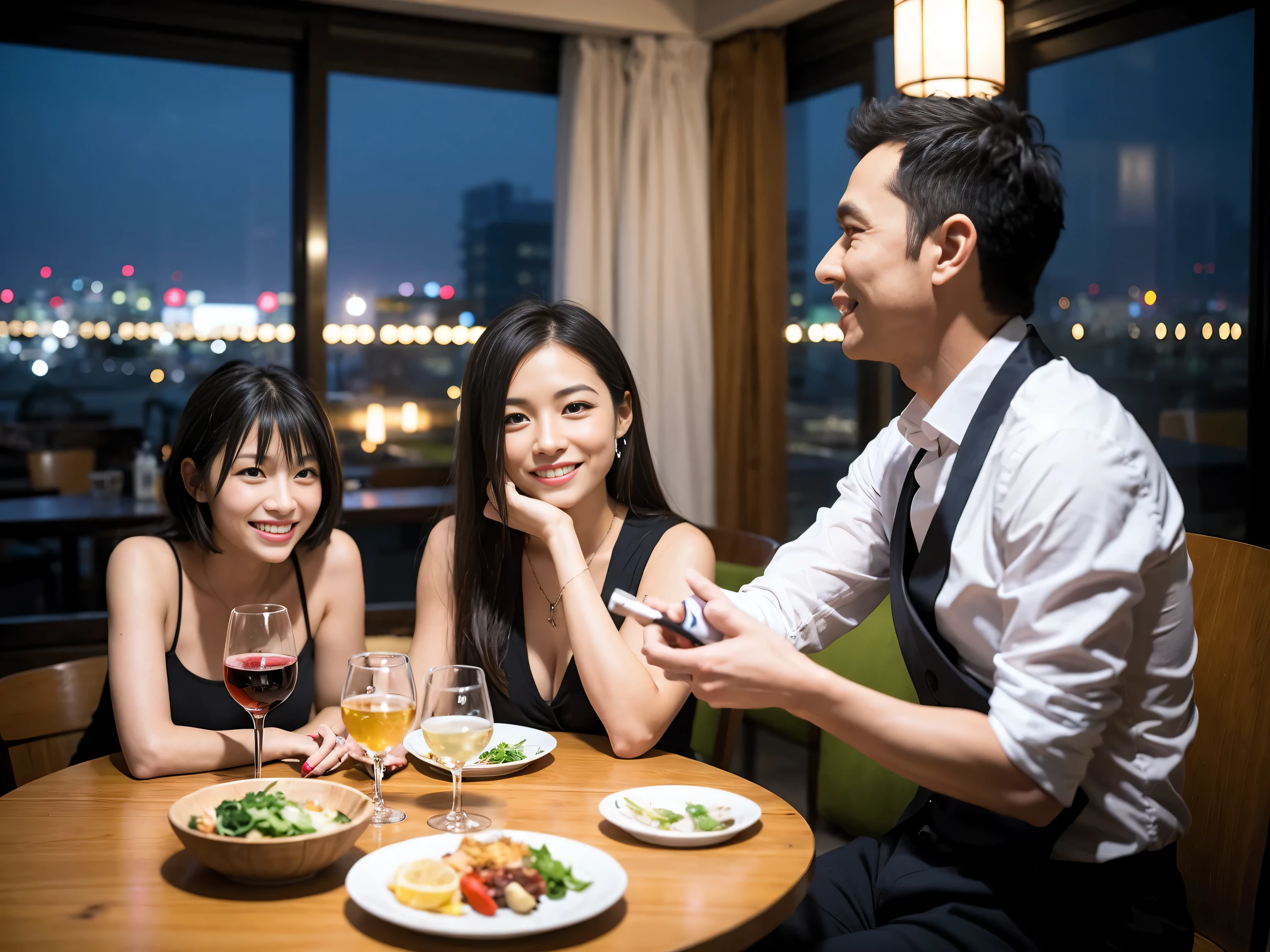 Detailed images that look like they were taken with a high-end camera、Woman drinking alcohol、Beautiful woman with a glass and a cup、Sake glasses and wine glasses contain sake..、720m of Japanese sake、1.You can also see the 8L sake bottle..、There is also Choshi、adult woman in her 30s、Smiling with a beautiful smile while enjoying a drink.、The location is a hotel restaurant.、A beautiful night view of the city can be seen outside the window.、The floor is on the 1st floor、In the background you can see a man and a woman enjoying alcohol..。Colombia、Brazilian、Japanese、Dutch、German、Portuguese、Belgian、chiri、American、french、Spaniard、Italian、Indian、Englishman、German、Cut your hair short、
