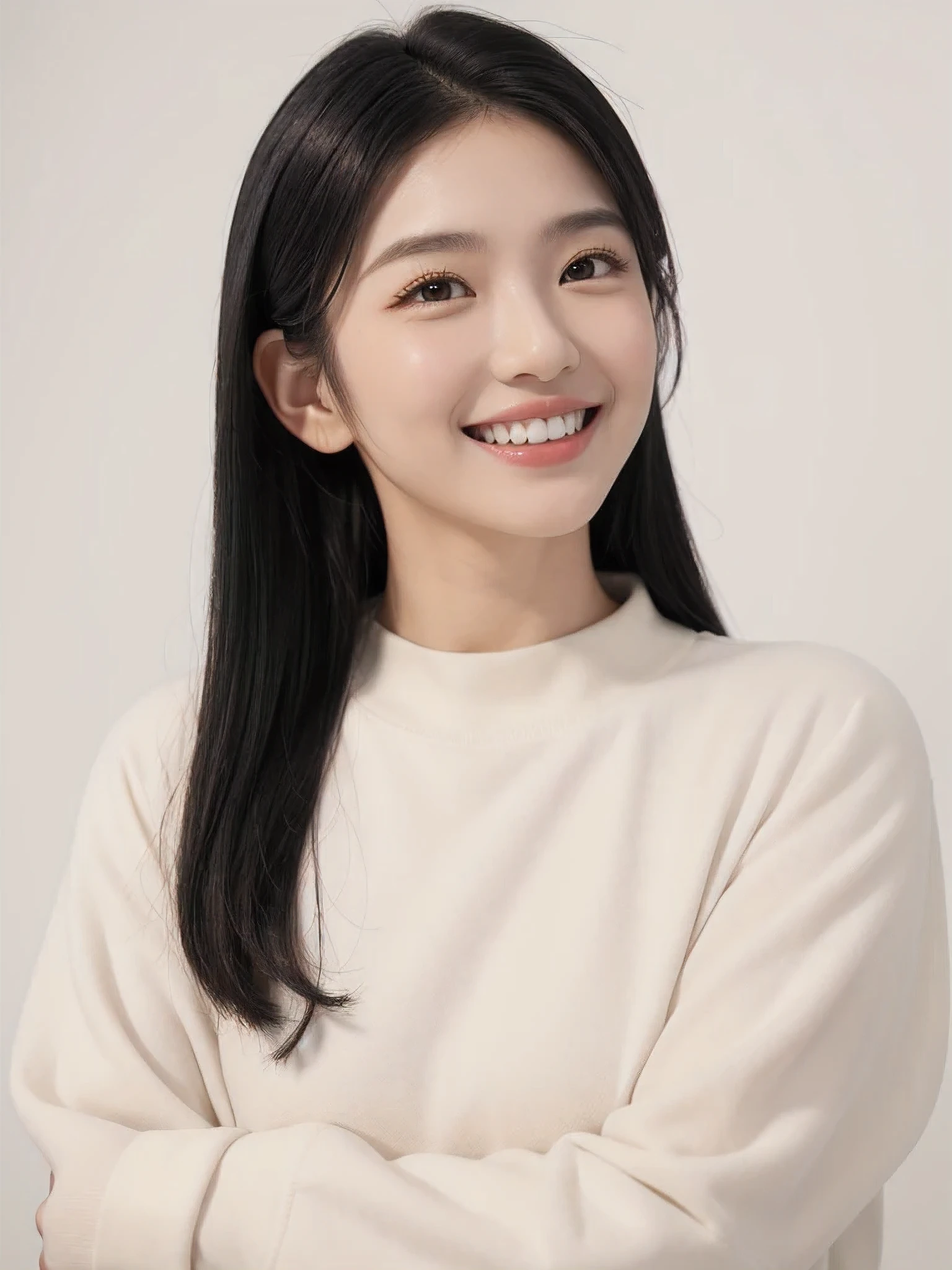 masterpiece、highest quality、(long shot)、((white wall))、((simple background))、1 girl、(Upper body)、(black eye)、(long eyelashes)、diagonal angle、[[profile]]、smile、white teeth、((Beautiful dentition))、medium hair、(black hair)、Snazzy、long sleeve、(beige clothes)、