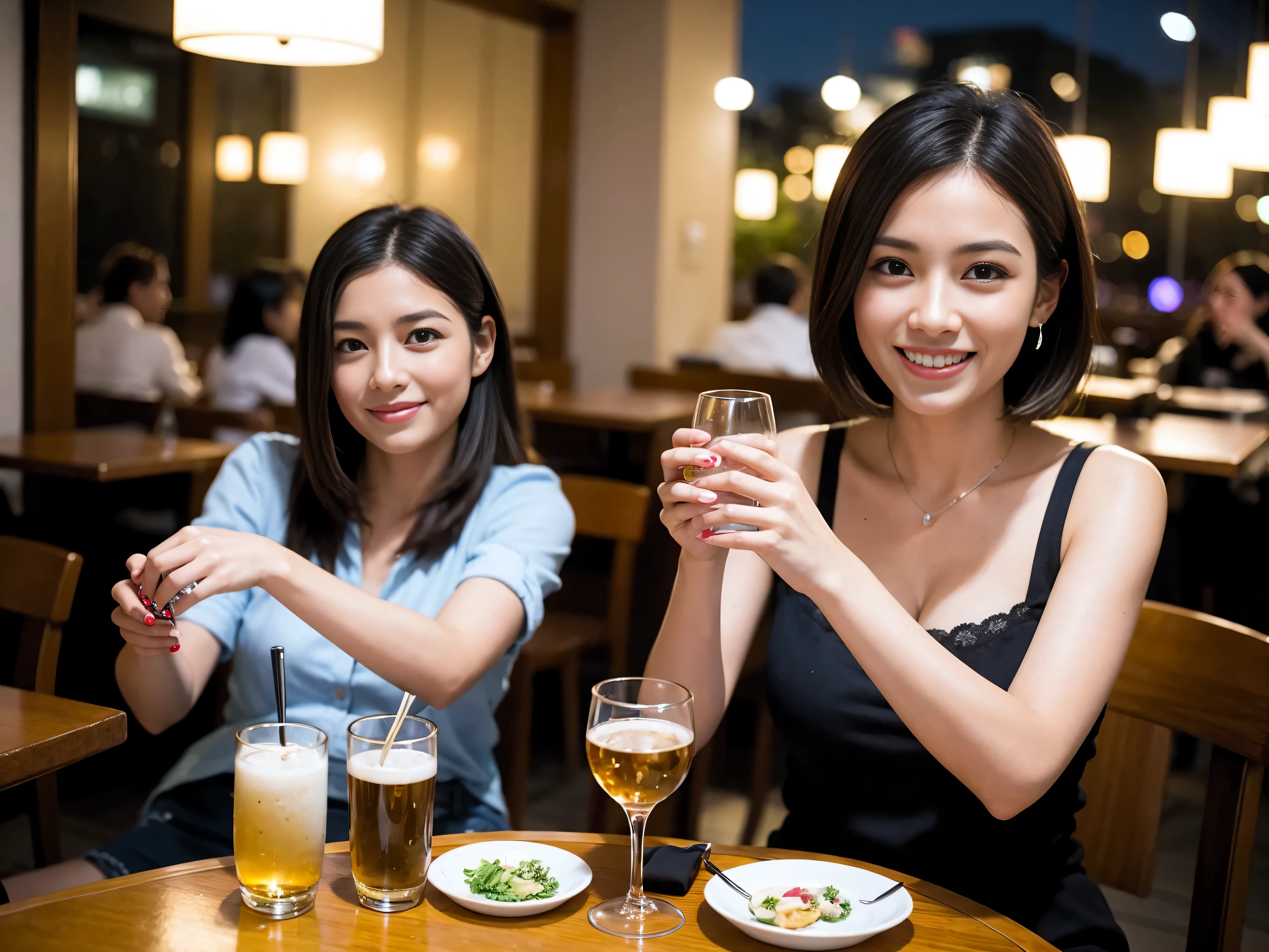 Detailed images that look like they were taken with a high-end camera、Woman drinking alcohol、Beautiful woman with a glass and a cup、Sake glasses and wine glasses contain sake..、720m of Japanese sake、1.You can also see the 8L sake bottle..、There is also Choshi、adult woman in her 30s、Smiling with a beautiful smile while enjoying a drink.、The location is a hotel restaurant.、A beautiful night view of the city can be seen outside the window.、The floor is on the 1st floor、In the background you can see a man and a woman enjoying alcohol..。Colombia、Brazilian、Japanese、Dutch、German、Portuguese、Belgian、chiri、American、french、Spaniard、Italian、Indian、Englishman、German、Cut your hair short、