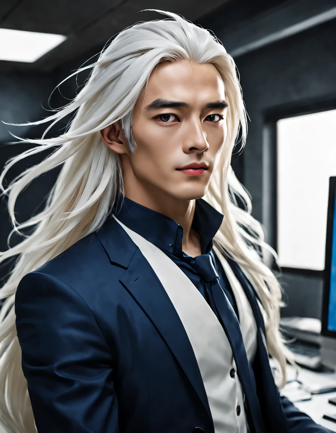 (male character design), Half body photo, Staring at the camera,
(Chinese handsome man Gao Changgong, Prince of Lanling, in front of the computer), (Messy long white hair: 1.2), Have a perfect figure, Wearing navy blue business attire, Fair and delicate skin, looks like a virgin, Lips as red as vermilion, high nose bridge, deep eyes, But there is an extraordinary heroic spirit between his eyebrows. He has a slender figure, Has beautiful muscle lines, like a perfect sculpture (Half of his face is covered with an ornate blue and gold mask), His character is brave and beautiful, like a woman, Be brave and decisive. There is an indescribable tenderness and warmth deep in his heart (Inspired by actor Marlon Brando, Who is 20 years old?), Surrealism, Located in a modern office environment HD, high quality, HD analysis, 32k,,