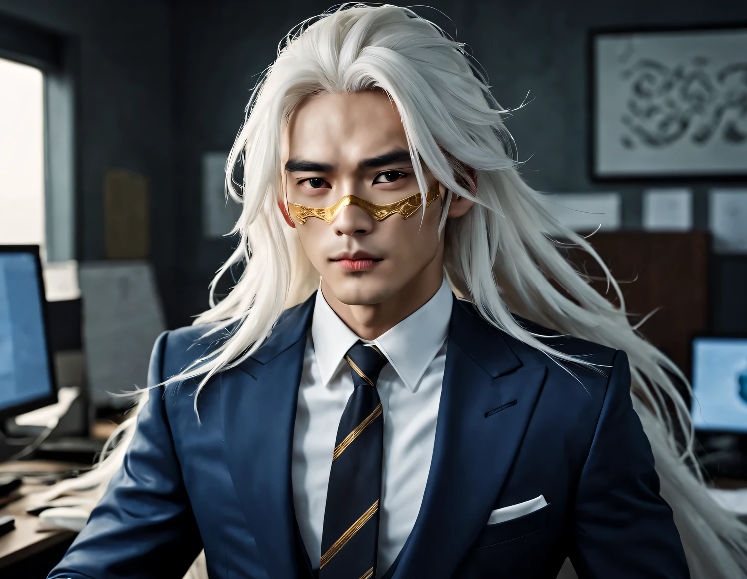 (male character design), Half body photo, Staring at the camera,
(Chinese handsome man Gao Changgong, Prince of Lanling, in front of the computer), (Messy long white hair: 1.2), Have a perfect figure, Wearing navy blue business attire, Fair and delicate skin, looks like a virgin, Lips as red as vermilion, high nose bridge, deep eyes, But there is an extraordinary heroic spirit between his eyebrows. He has a slender figure, Has beautiful muscle lines, like a perfect sculpture (Half of his face is covered with an ornate blue and gold mask), His character is brave and beautiful, like a woman, Be brave and decisive. There is an indescribable tenderness and warmth deep in his heart (Inspired by actor Marlon Brando, Who is 20 years old?), Surrealism, Located in a modern office environment HD, high quality, HD analysis, 32k,,