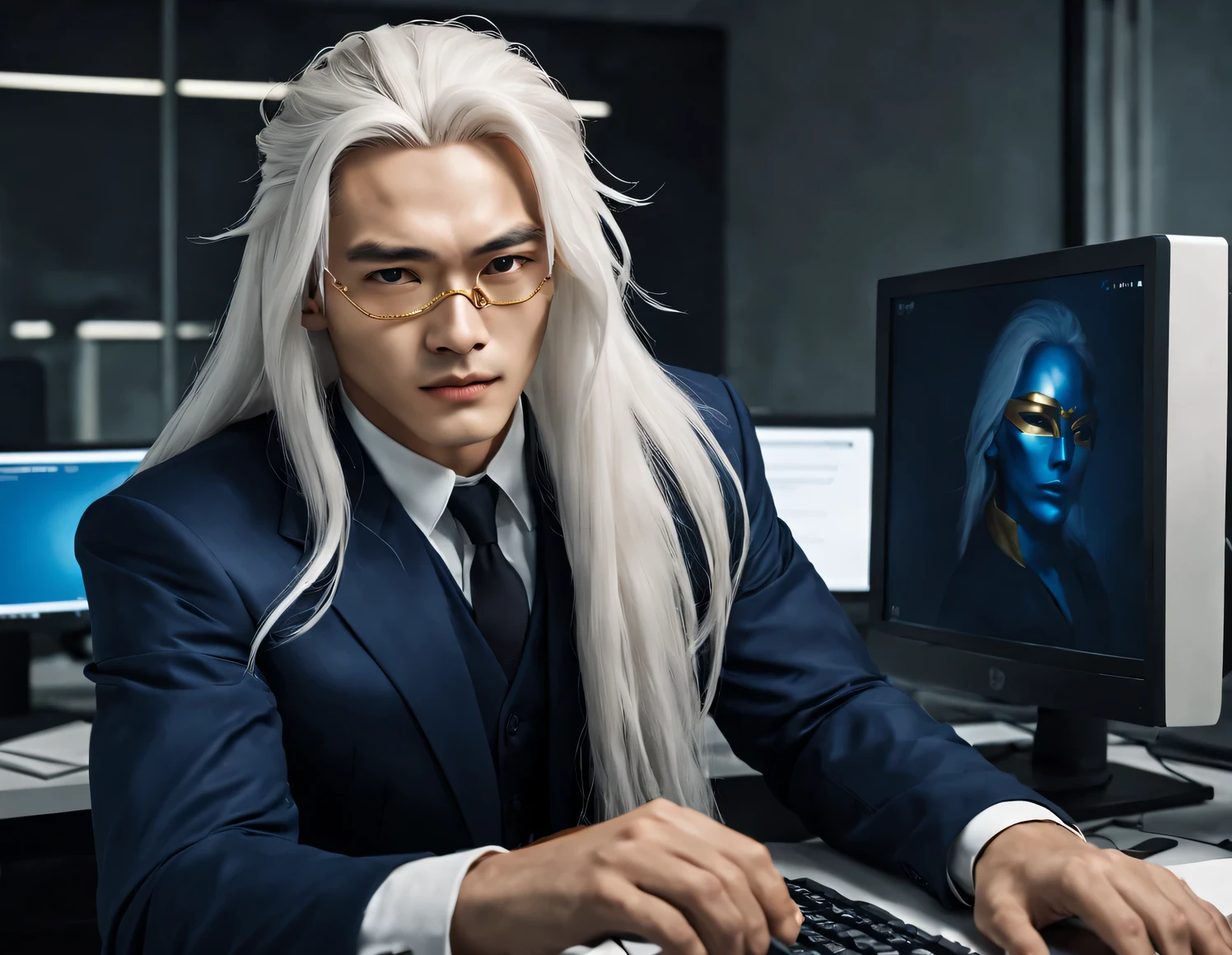 (male character design), Half body photo, Staring at the camera,
(Chinese handsome man Gao Changgong, Prince of Lanling, in front of the computer), (Messy long white hair: 1.2), Have a perfect figure, Wearing navy blue business attire, Fair and delicate skin, looks like a virgin, Lips as red as vermilion, high nose bridge, deep eyes, But there is an extraordinary heroic spirit between his eyebrows. He has a slender figure, Has beautiful muscle lines, like a perfect sculpture (Half of his face is covered with an ornate blue and gold mask), His character is brave and beautiful, like a woman, Be brave and decisive. There is an indescribable tenderness and warmth deep in his heart (Inspired by actor Marlon Brando, Who is 20 years old?), Surrealism, Located in a modern office environment HD, high quality, HD analysis, 32k,,