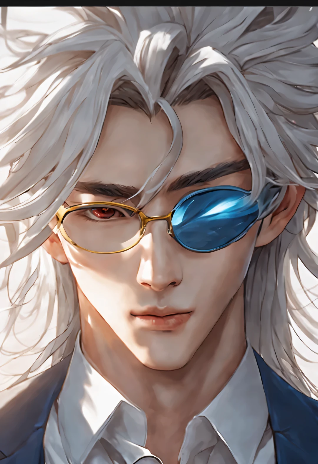 (male character design), Half body photo, Staring at the camera,
(Chinese handsome man Gao Changgong, Prince of Lanling, in front of the computer), (Messy long white hair: 1.2), Have a perfect figure, Wearing navy blue business attire, Fair and delicate skin, looks like a virgin, Lips as red as vermilion, high nose bridge, deep eyes, But there is an extraordinary heroic spirit between his eyebrows. He has a slender figure, Has beautiful muscle lines, like a perfect sculpture (Half of his face is covered with an ornate blue and gold mask), His character is brave and beautiful, like a woman, Be brave and decisive. There is an indescribable tenderness and warmth deep in his heart (Inspired by American actor John Lone), Surrealism, background: Modern office, HD, high quality, HD analysis, 32k,