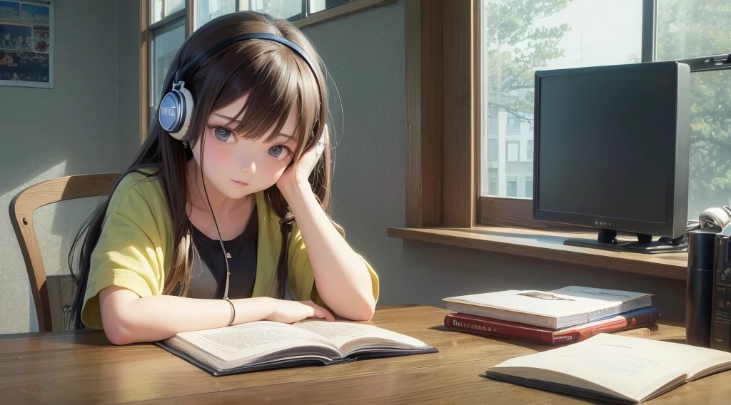 Lofi art, Anime girl studying in his room, raining outside, studing table, books on table, laptop, earphone in boys ears