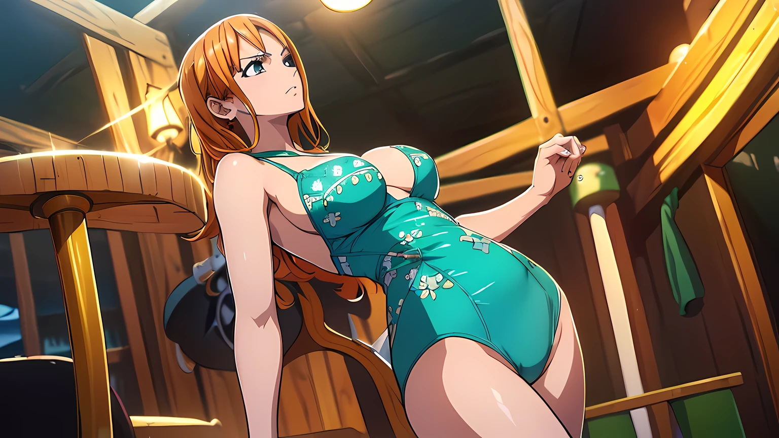 one-piece one-piece nami, vista de traz , cabelo laranja, Lindos olhos castanhos, ((vestindo lingerie sensual))usando botas laranjas, sword in one he, peitos sexy, pose lasciva ,corpo todo, arms behind the back, (fundo do navio pirata) (melhor qualidade, 4k, 8k, high resolution, obra de arte:1.2), ultra-detalhado, e (realista, photorealista, HDR, Ultra HD, studio lighting, pintura ultrafina, sharp focus,Nami Rosto, olho nami