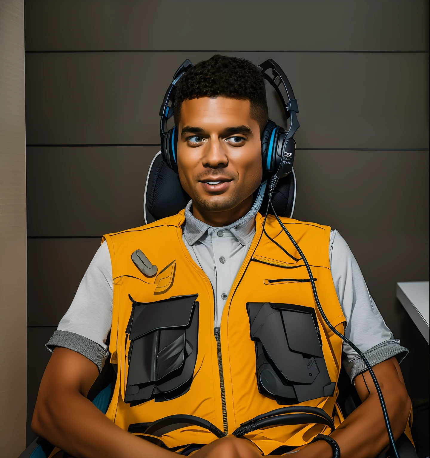 there is a man sitting in a chair wearing a yellow vest, model is wearing techtical vest, sitting at a control center, portrait shot 8 k, wearing a headset, security agent, wearing a gaming headset, with head phones, wearing headset, wearing a vest, shot on sony a 7 iii, shot on nikon z9, wearing gaming headset