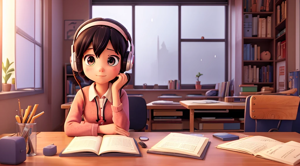 Lofi art, Anime girl studying in his room, raining outside, studing table, books on table, laptop, earphone in boys ears