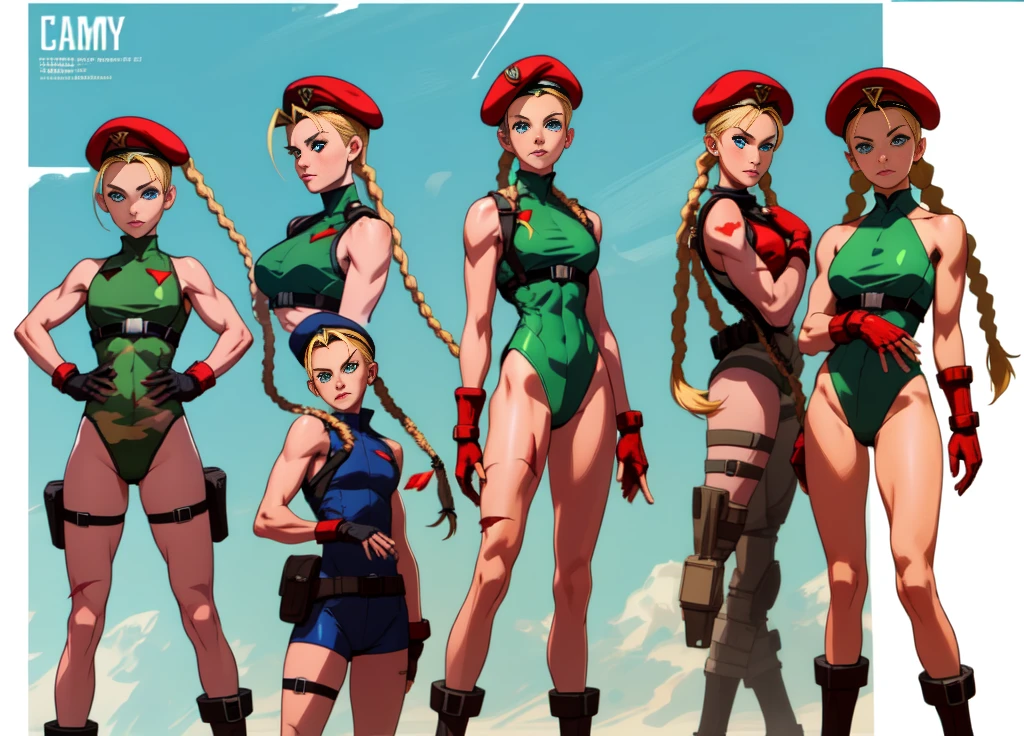 masterpiece, best quality, highres, 1girl, cammy white, twin braids, long hair, blonde hair, antenna hair, beret, (red headwear:1.3), blue eyes, scar on cheek, green leotard, large breasts, sleeveless, red gloves, fingerless gloves, camouflage, cowboy shot, standing, outdoors, arms at sides, straight-on, ((character sheet:1.5, turnaround))