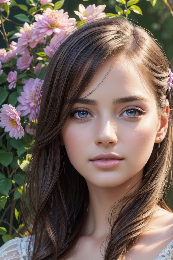 A girl in a garden, beautiful detailed eyes, beautiful detailed lips, extremely detailed eyes and face, long eyelashes, (best quality, 4k, highres, masterpiece:1.2), ultra-detailed, (realistic, photorealistic, photo-realistic:1.37), vivid colors, portraits, landscape, oil painting, fine brush strokes, vibrant flowers, soft sunlight, peaceful atmosphere