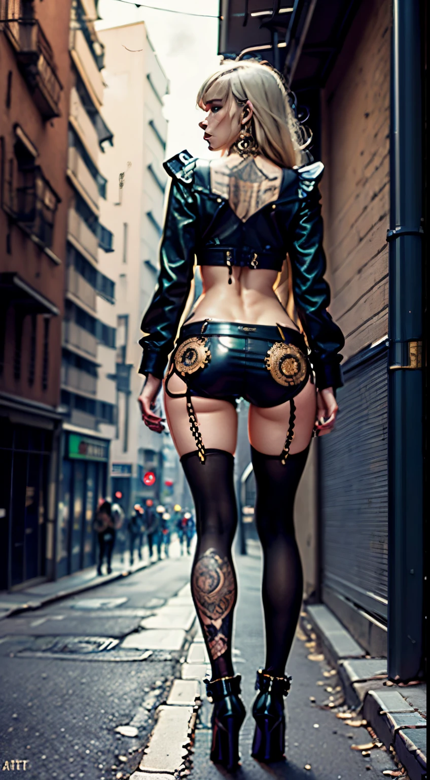 There's a sexzy blonde 1woman with a steam-powered dusky skin, with big ,Royal look, long hair,arte conceitual street punk, sexzy full body view top to bottom, bend down back view, lower breast, lower belly, background,arte street punk digital, arte street punk urban city area, Wojtek FUS, arte digital steampunk, detailed wild steampunk illustration, Portrait of a gold and copper chained woman, arte street punk, estilo de arte dieselpunk, cyberpunk street punk, estilo de fantasia street punk, Arte digital altamente detalhada em 4k, sci-fi street punk, high defination face, high defination eyes, realstic eyes