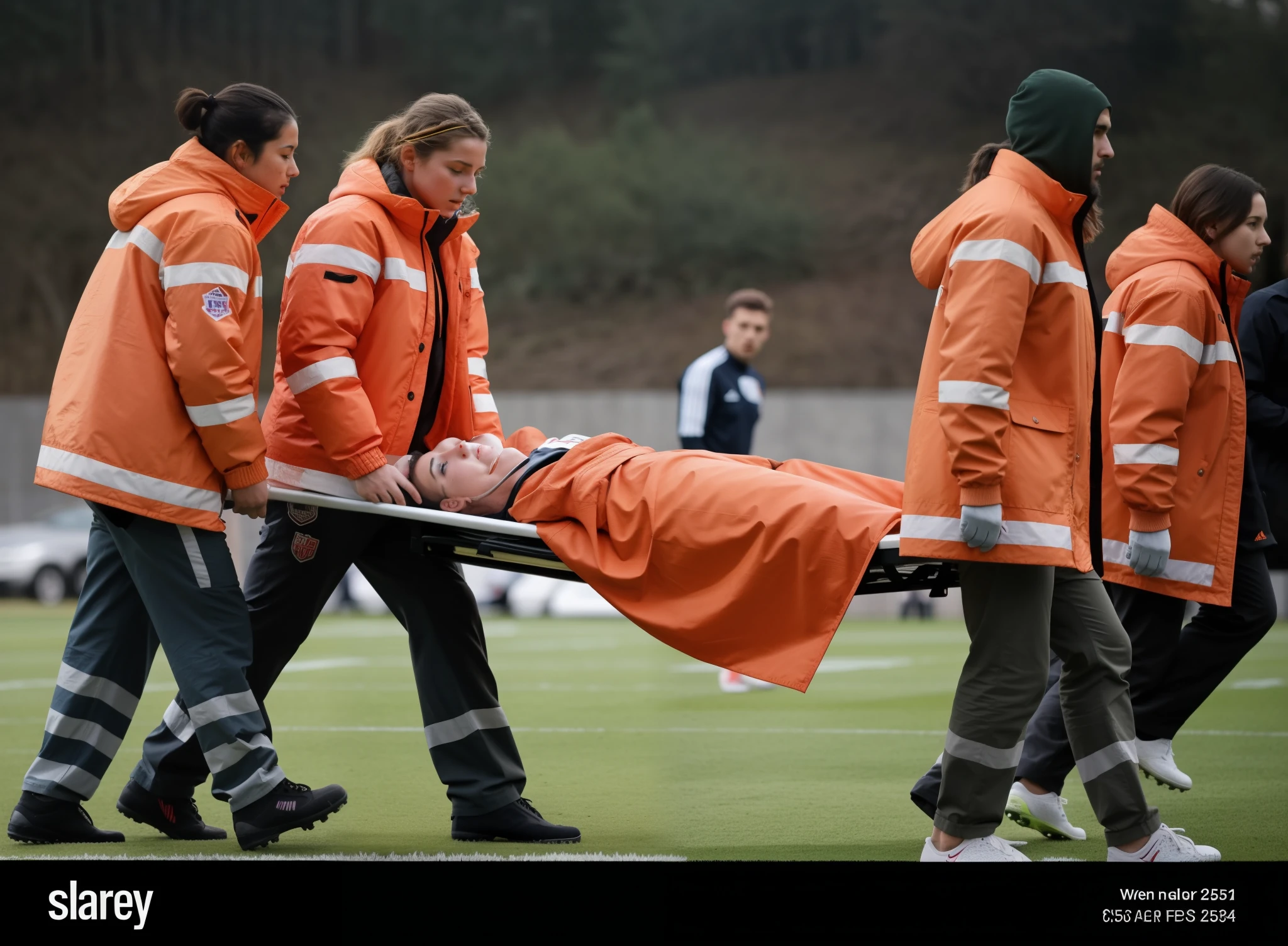 a group of female emergency personnel carry a man on a stretcher on a field, There are four madeup women carrying a stretcher, there are four women woman in wetlook laquered downcoats, four women in a high-shine downcoats, a wounded male soccer player on a stretcher, there is a man on a stretcher being carried by four very madeup women, there is a bearded soccer-player lying on a stretcher, there is a soccer-player on a stretcher, a soccer-player is lying an a stretcher, injured, good graphic, very professional, very sad, 2717433015, 3 4 5 3 1, 555400831, viral photo, photo shot, interesting composition, adventure playground accident,, future inflatable jacket, [ realistic photo ]!!, still from a live action movie, realistic movie still, on a football field, high drama, photorealistic movie still, highlight