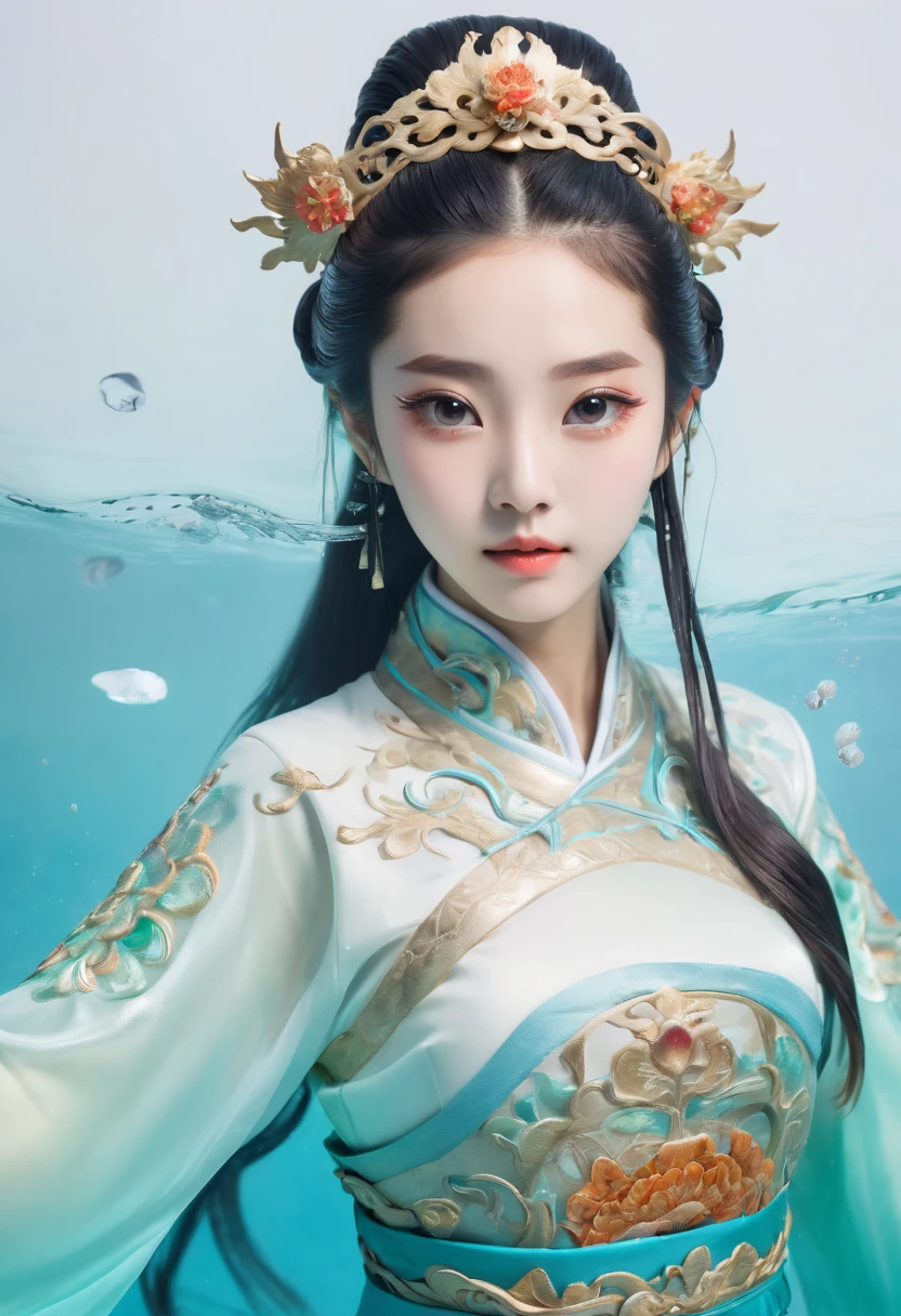 A beautiful Chinese girl,underwater photography,his head and a half body photo, wearing Chinese Tang Dynasty Costumes, Iridescence clothes, white background,
