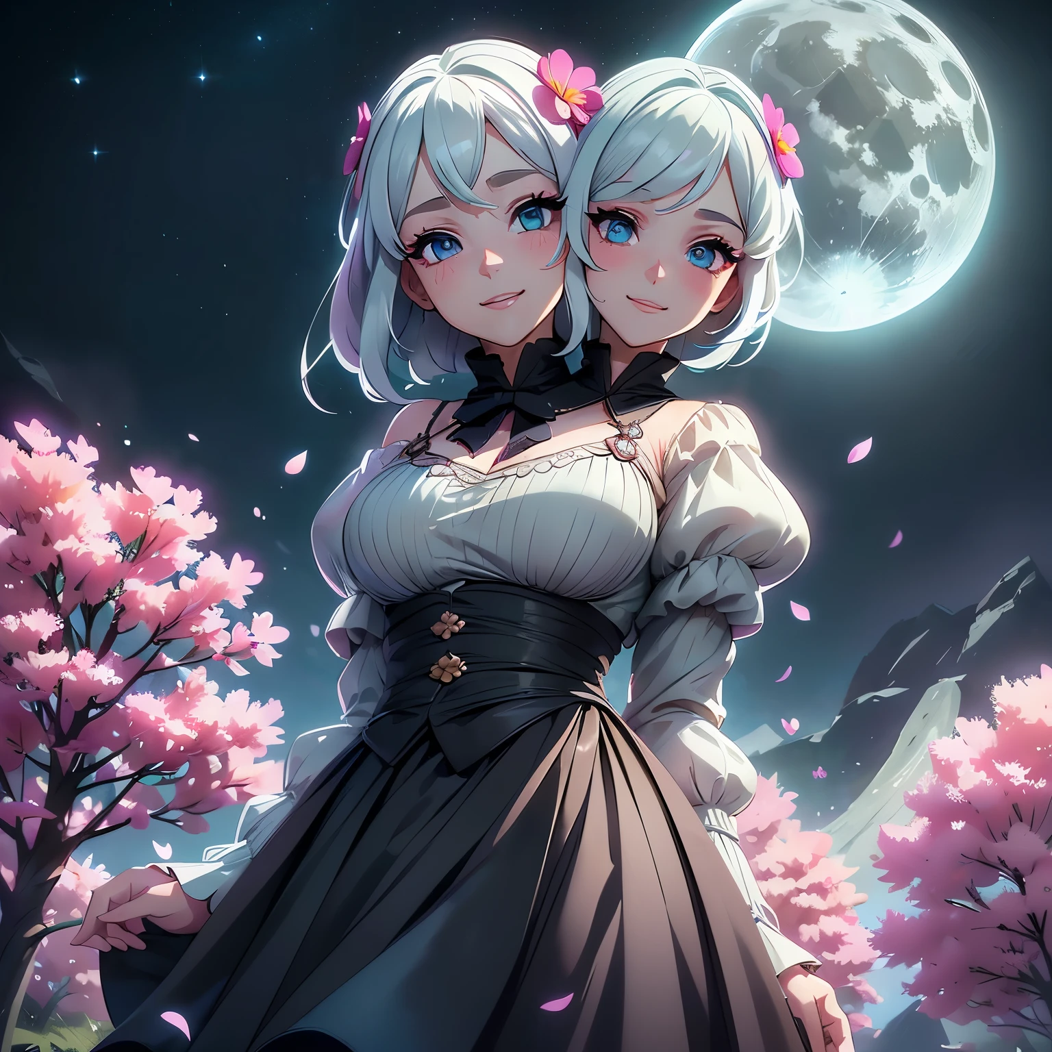 masterpiece, best quality, 1girl, (colorful),(finely detailed beautiful eyes and detailed face),cinematic lighting,bust shot,extremely detailed CG unity 8k wallpaper,white hair,solo,smile,intricate skirt,((flying petal)),(Flowery meadow) sky, cloudy_sky, building, moonlight, moon, night, (dark theme:1.3), light, fantasy, (two heads)