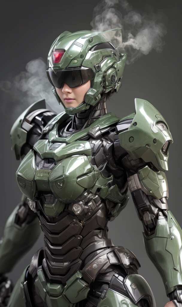 rough skin, Super detailed, advanced details, high quality, 最high quality, High resolution, 1080P, hard disk, beautiful,(War Machine),beautifulサイボーグの女性,Dark Green Mecha Cyborg Girl,In combat,Mecha body girl,、Elementary school girl　　very short hair、sweaty brown eyes、sweaty face、embarrassed look　　cute　black hair　((steam from head)) Glasses