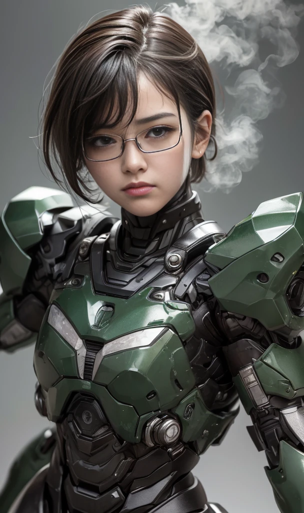 rough skin, Super detailed, advanced details, high quality, 最high quality, High resolution, 1080P, hard disk, beautiful,(War Machine),beautifulサイボーグの女性,Dark Green Mecha Cyborg Girl,In combat,Mecha body girl,、Elementary school girl　　very short hair、sweaty brown eyes、sweaty face、embarrassed look　　cute　black hair　((steam from head)) Glasses