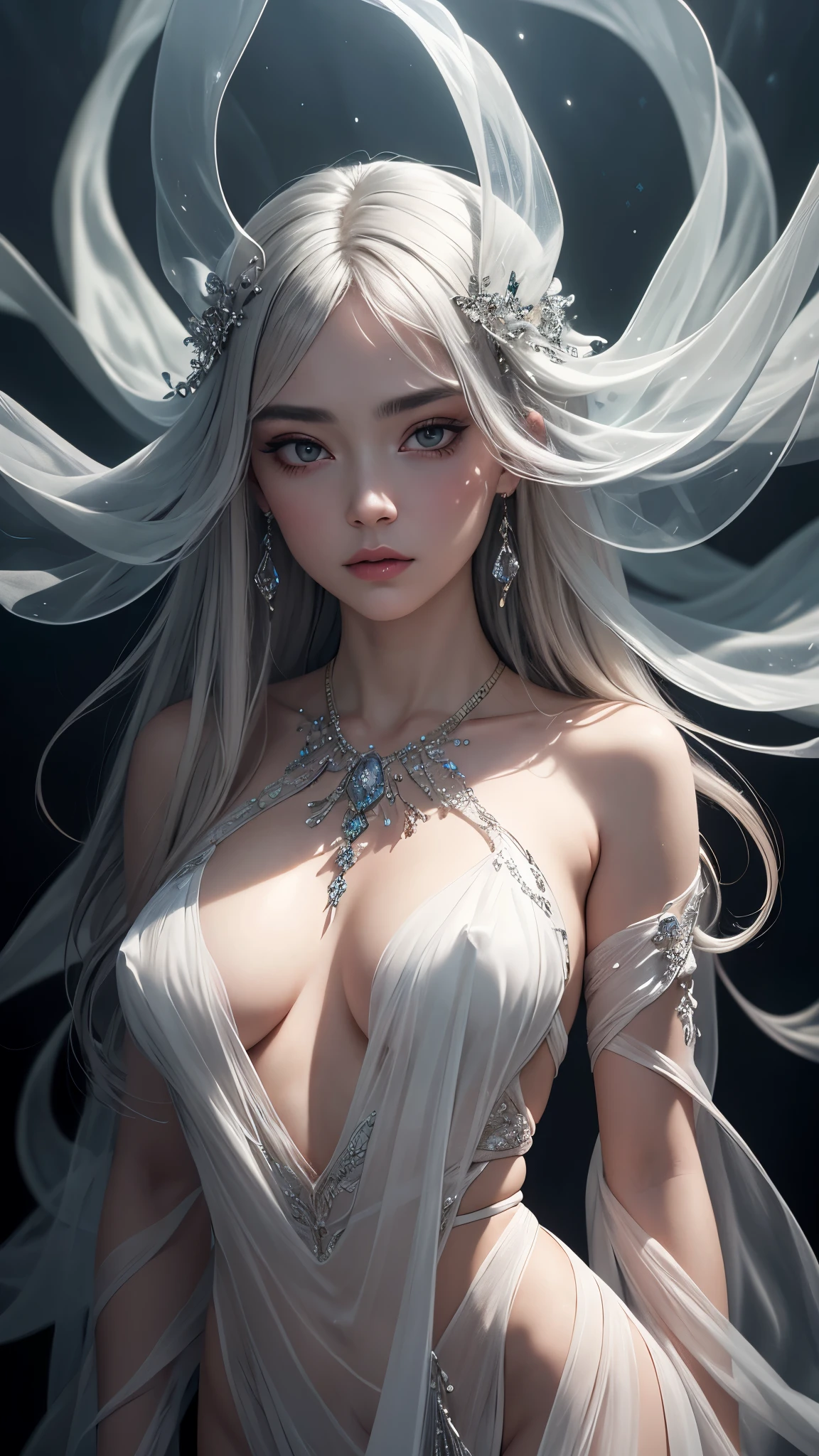 Highly complex, Very detailed, Haunting ethereal portrait in abstract style，Depicts a mysterious figure draped in translucent fabric, Crystals decorate their hair, In a dreamy swirl of soft tones and soft light, Evoking a sense of calm and elusive beauty, high detail, an award winning masterpiece，The details are incredible, Non-representative, Color and shape, expression of emotion, imaginative, Very detailed
