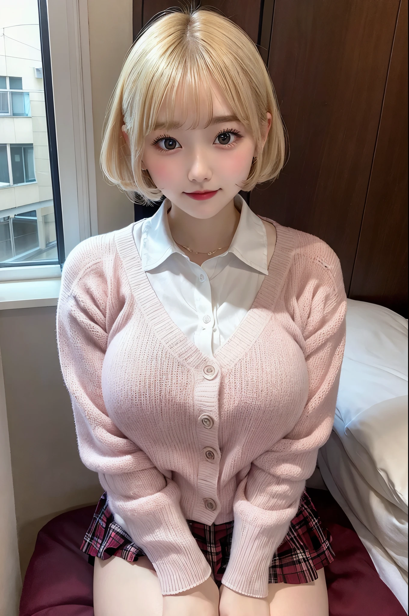 Highest image quality、4K、8K、big breasts、G cup、cute、round face、baby face、22 years old、bright blonde、short hair、chubby、Wearing a white long-sleeved school uniform、Wearing a pink cardigan、She is wearing a red and black checked skirt.、beautiful feet、dim room、sitting on a luxurious bed、There is a window in the back with a view of the night view、I can see the whole body