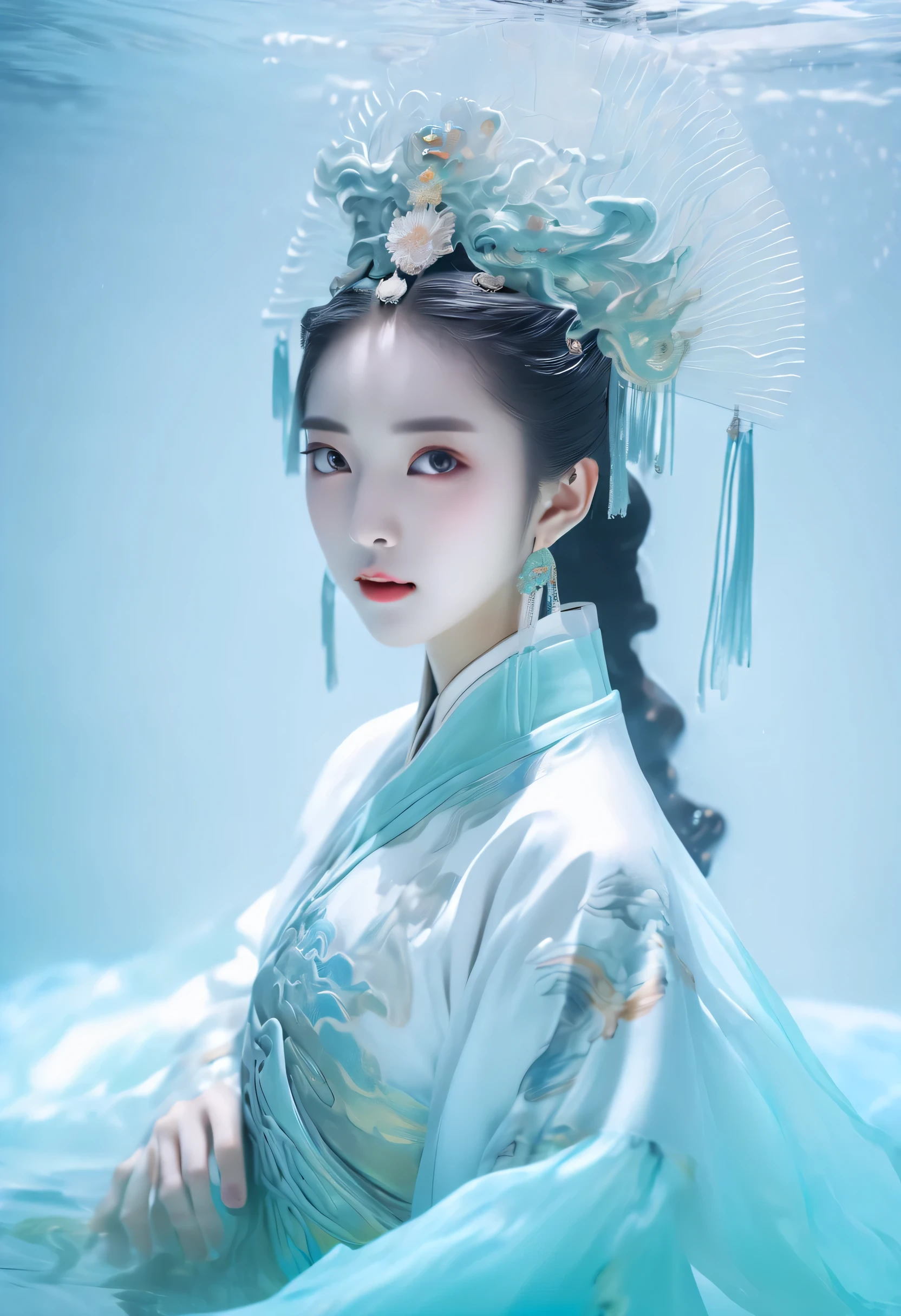 a beautiful chinese girl,underwater photography,Photo of his head and half, Wearing Chinese Tang Dynasty costumes, iridescent clothes, White background,
