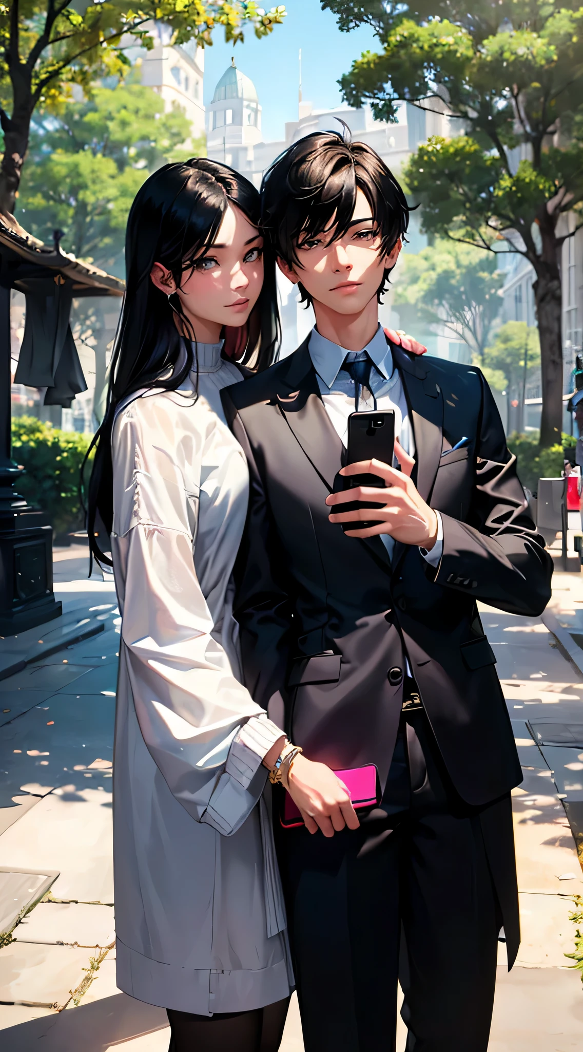 (Horizontal light and shadow, ultra high definition, higher, super detailed,masterpiece，rich and colorful，many details),((Day Park,1.2))，Close-up selfie of handsome boy and indifferent woman