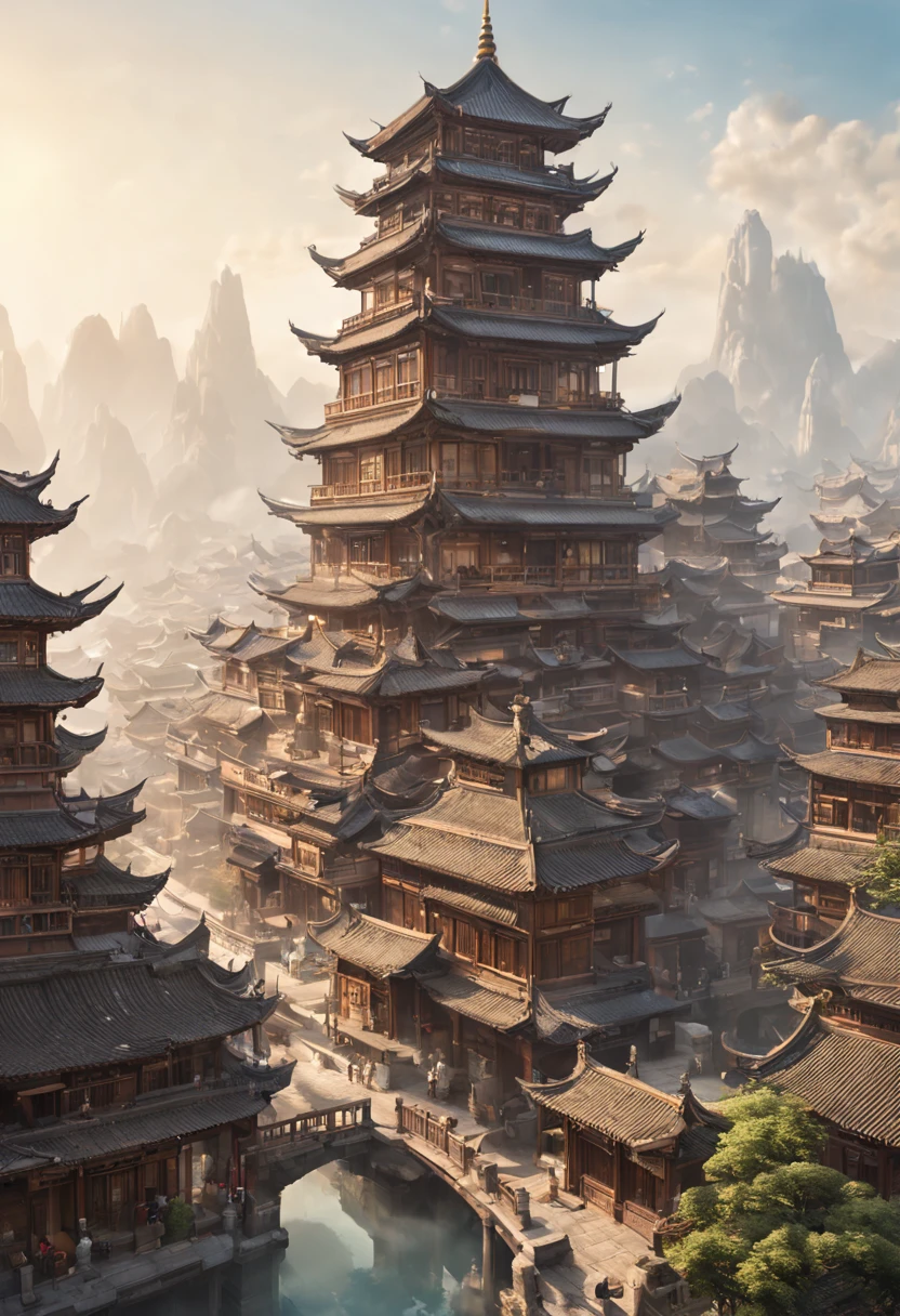 Highest image quality,Exquisite,Gorgeous,on another planet,highly civilized city,Chinese loft weaving layer by layer。Towering over the landscape,The wide road is lined with exquisite wooden buildings,Technological beauty and classical beauty are perfectly intertwined