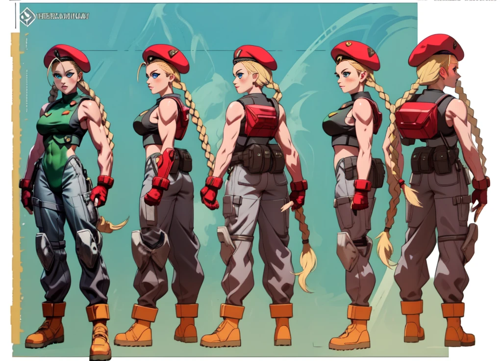 masterpiece, best quality, highres, 1girl, cammy white, twin braids, long hair, blonde hair, antenna hair, beret, (red headwear:1.3), blue eyes, scar on cheek, green leotard, large breasts, sleeveless, red gloves, fingerless gloves, camouflage, cowboy shot, standing, outdoors, arms at sides, straight-on, ((character sheet:1.7, turnaround))