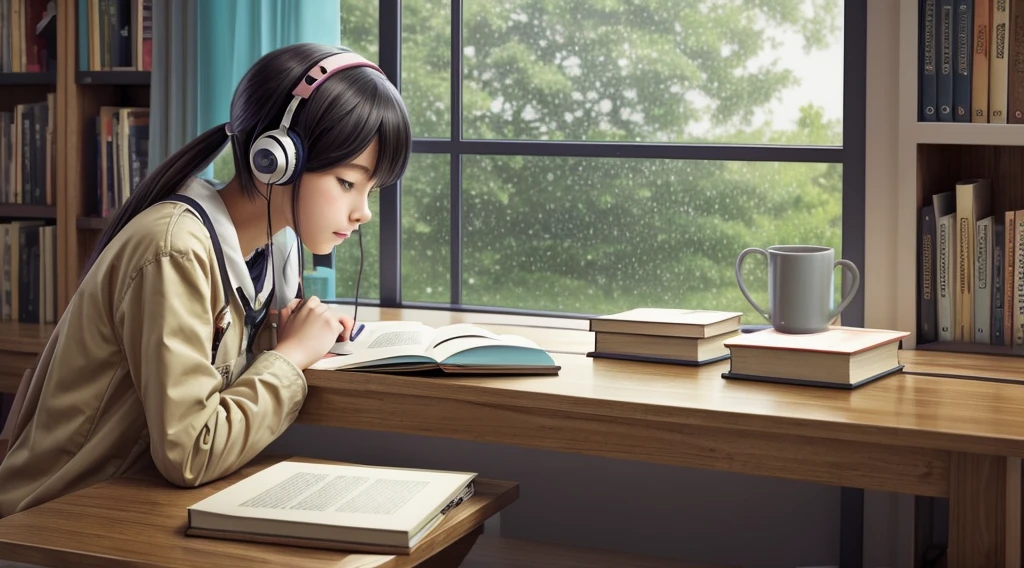 Lofi art, Anime girl studying in his room, raining outside, studing table, books on table, laptop, earphone in boys ears